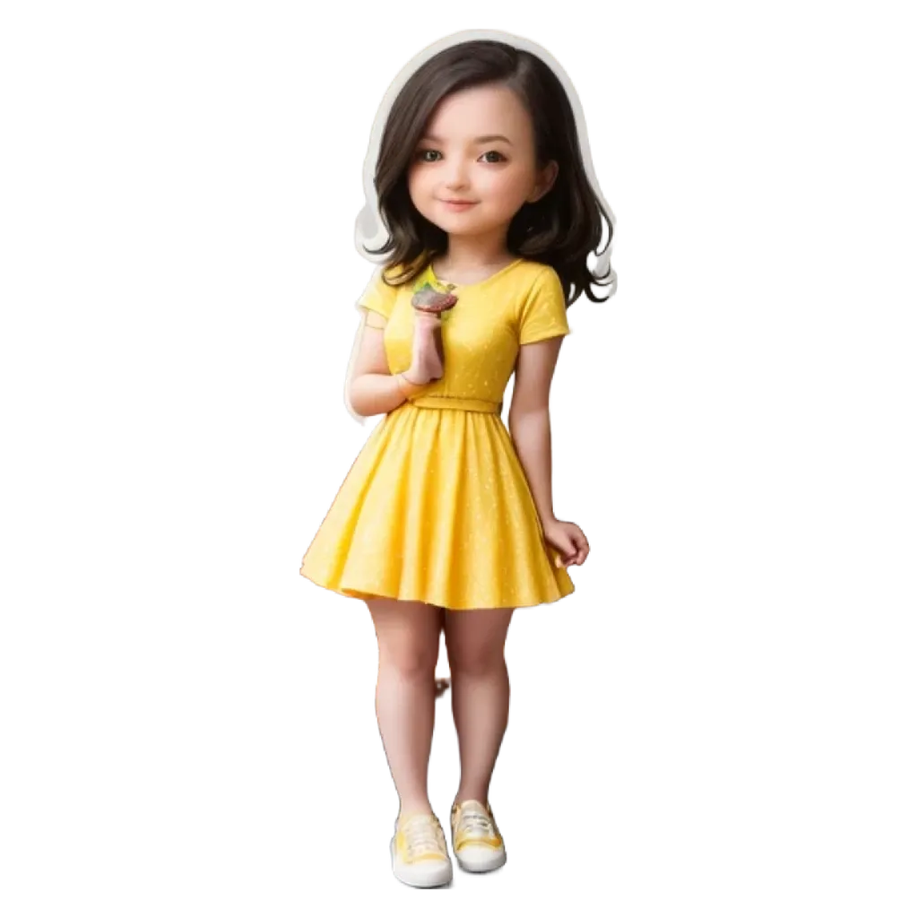 A cartoon or animated picture of a girl in a yellow dress.