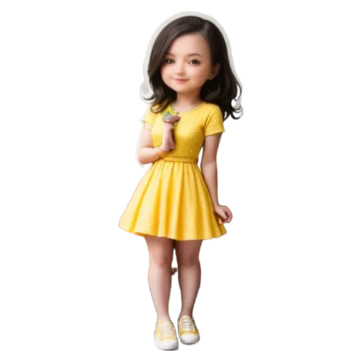 A cartoon or animated picture of a girl in a yellow dress.
