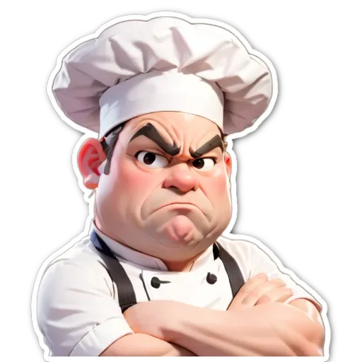 A cartoon depiction of a chef with a fake scowl on his face.