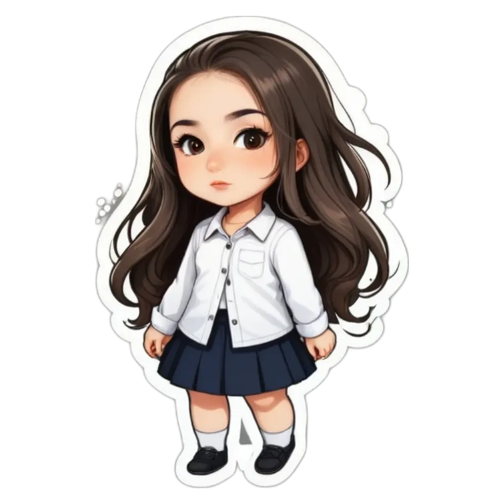 A girl in a school uniform is shown on a sticker.
