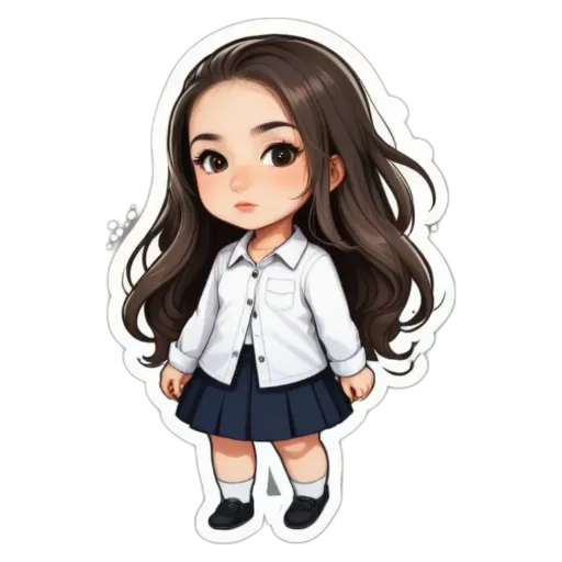 A girl in a school uniform is shown on a sticker.