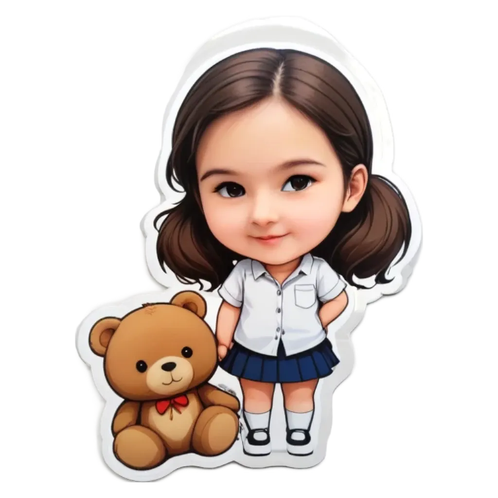 A girl standing next to a teddy bear.