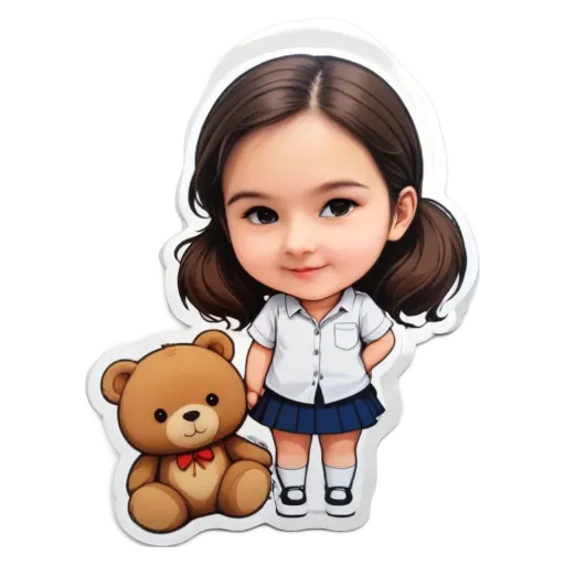 A girl standing next to a teddy bear.