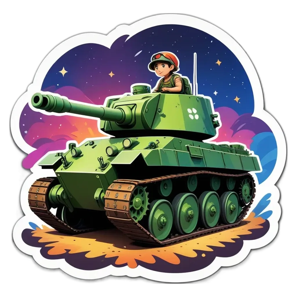 A green tank with a boy inside of it.