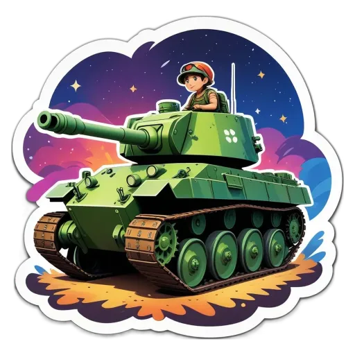A green tank with a boy inside of it.