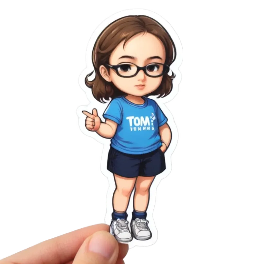 A girl wearing a blue shirt that says Tom.