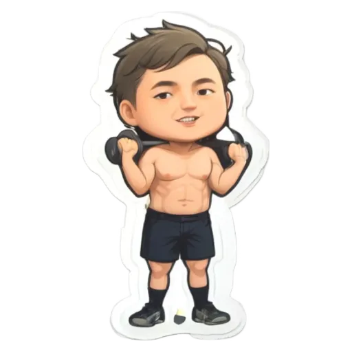 A boy with no shirt and shorts that are black.