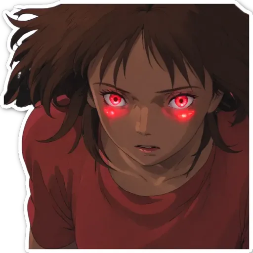 A girl with red eyes is looking at us with her right eye.