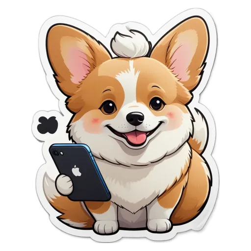A cartoon dog holding a cell phone and a apple.