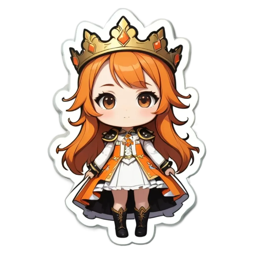 An orange and white princess with a sticker that looks like her.