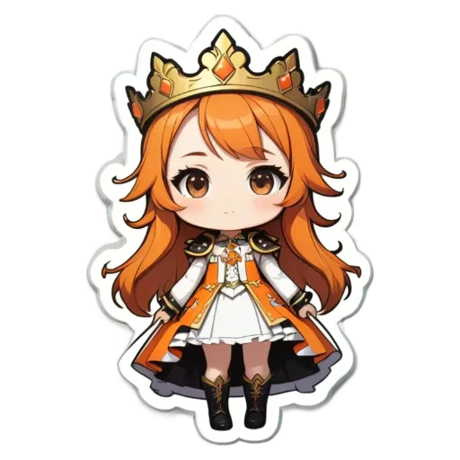 An orange and white princess with a sticker that looks like her.