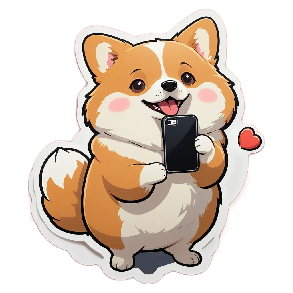 A dog holding a cell phone in front of a black heart.