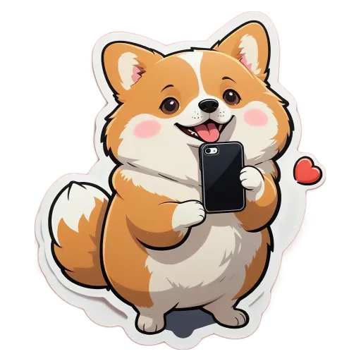 A dog holding a cell phone in front of a black heart.