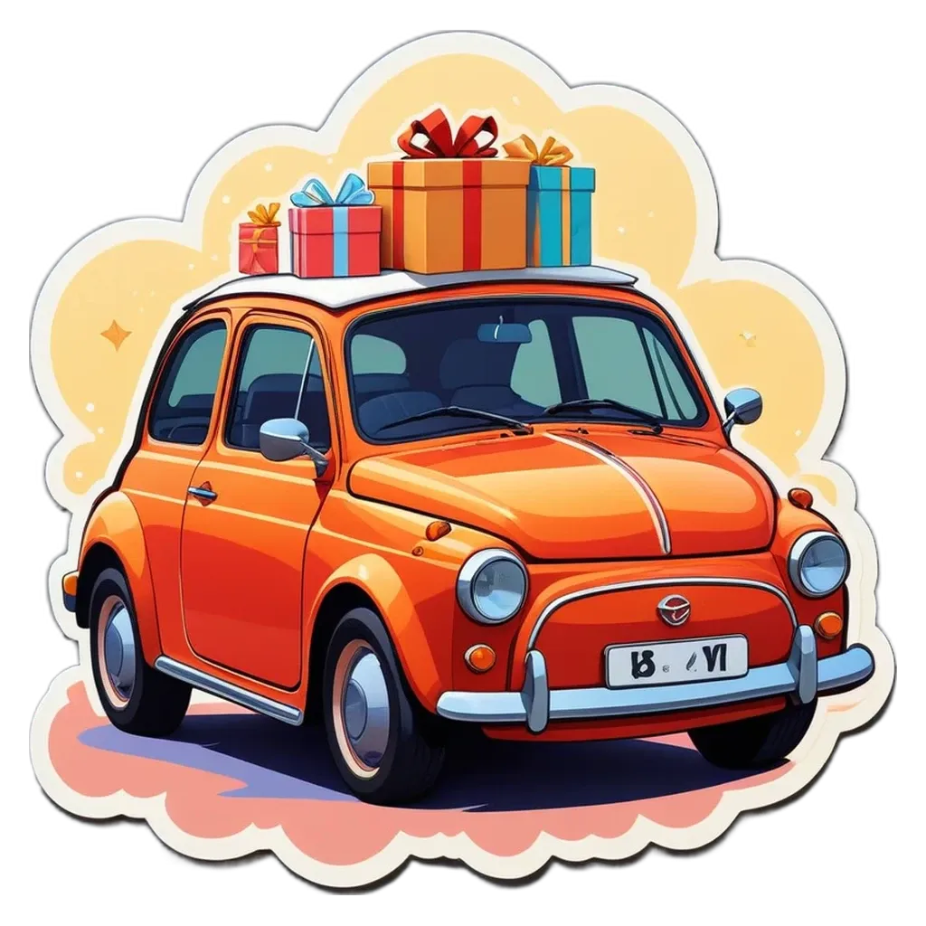 An orange car with presents on top of it.