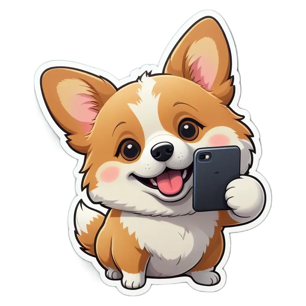 A cartoon dog holding a cell phone that is on.
