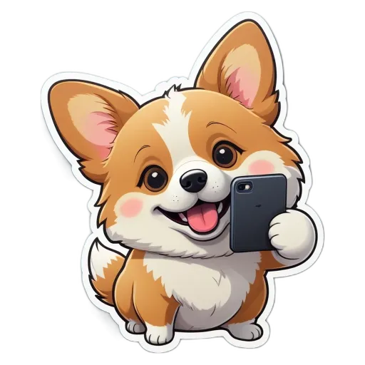 A cartoon dog holding a cell phone that is on.