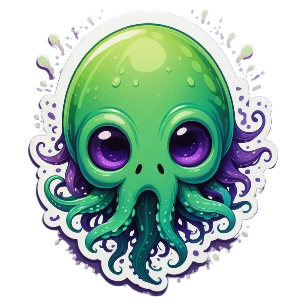 A sticker of a face of a green alien with a mouth and eyes.