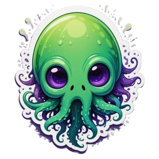 A sticker of a face of a green alien with a mouth and eyes.