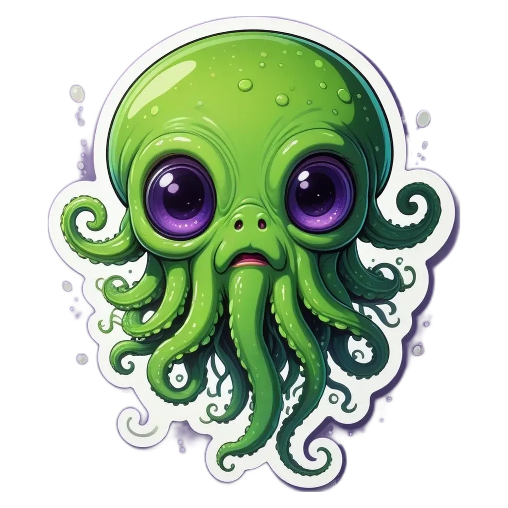 A sticker of a green octopus with a face and a head.