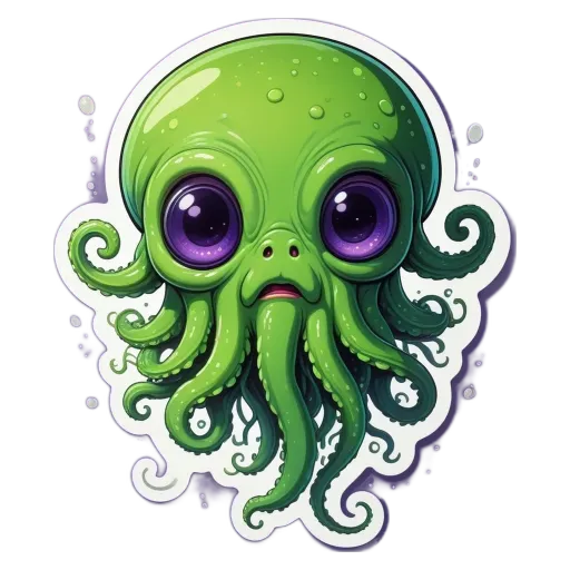 A sticker of a green octopus with a face and a head.