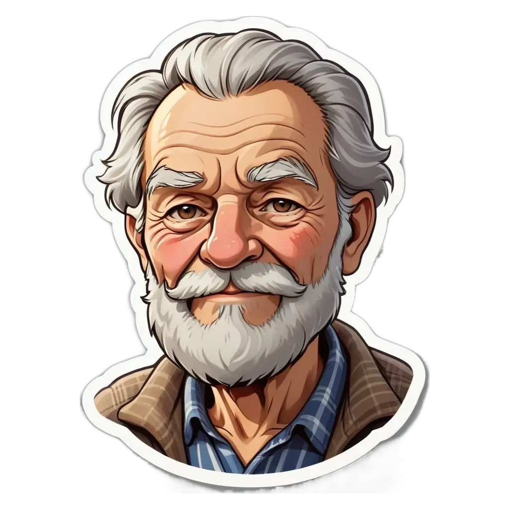 An old man with a beard and mustache is depicted as a cartoon.
