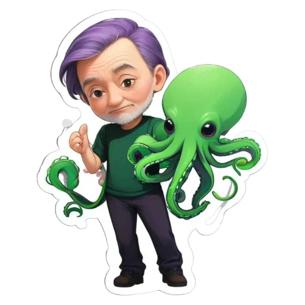 An older man holding an octopus is shown on a sticker.