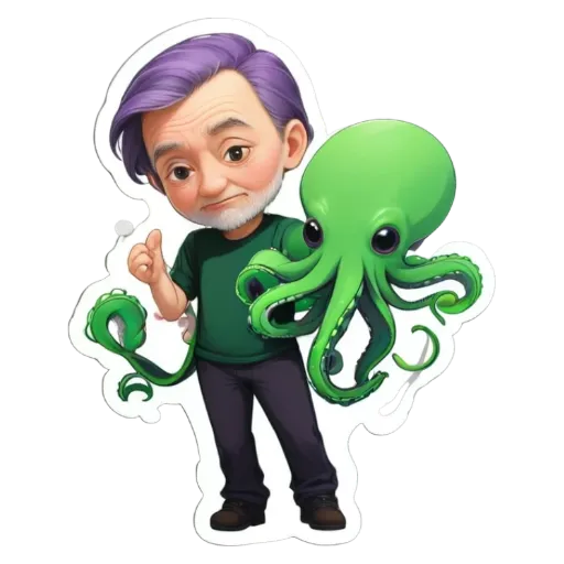 An older man holding an octopus is shown on a sticker.