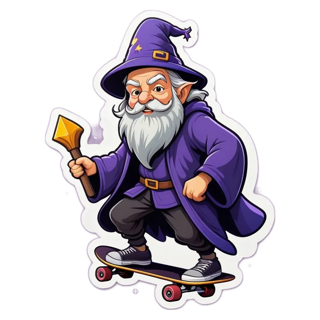 A skateboarder in a purple costume with an old wizard for a hat.