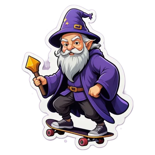 A skateboarder in a purple costume with an old wizard for a hat.