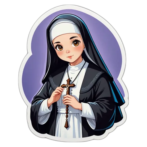 A sticker of a nun holding a rosary that is colored cartoon.