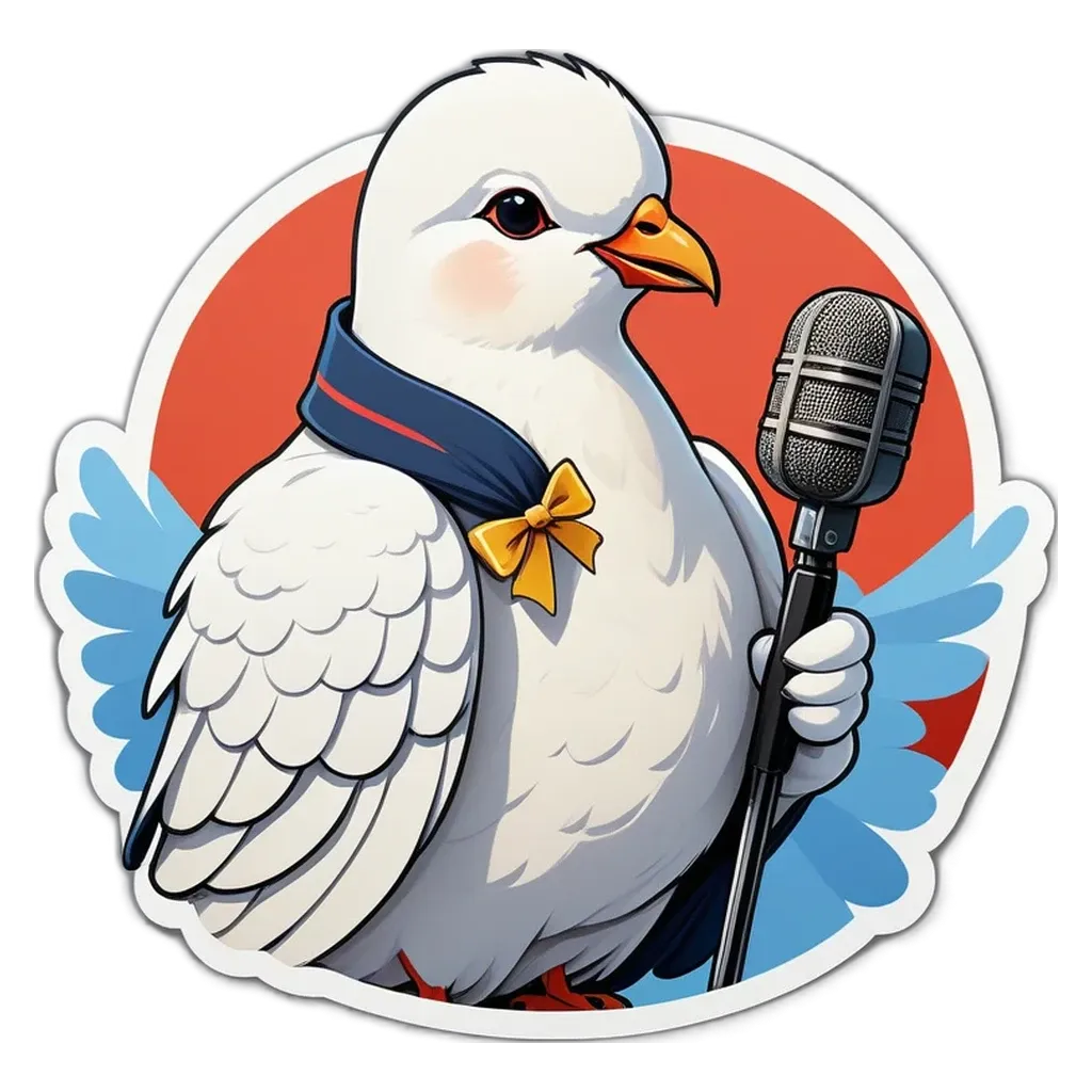 A cartoon white bird holding a microphone.