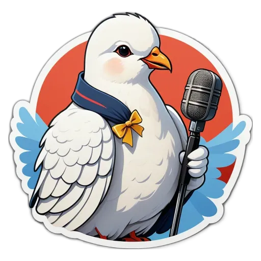 A cartoon white bird holding a microphone.
