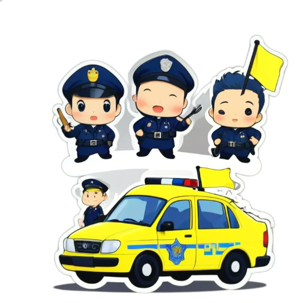 A sticker of a police car with cartoon officers in front of it.