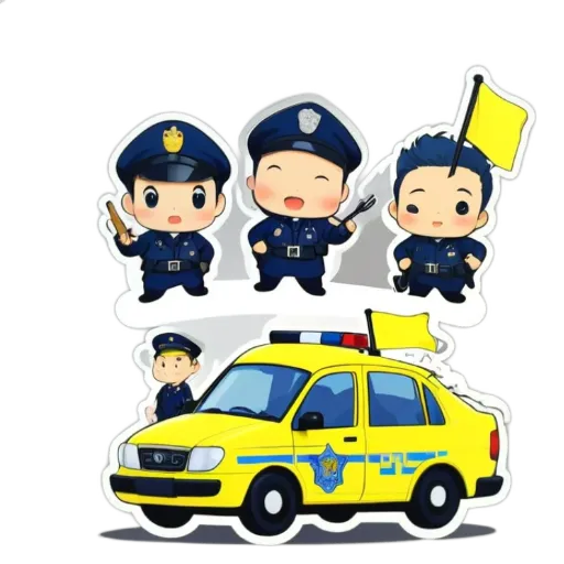A sticker of a police car with cartoon officers in front of it.
