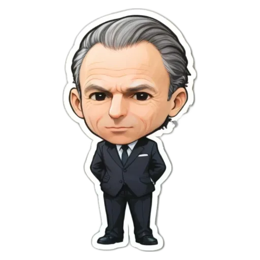 A cartoonish drawing of a man in a suit with his hands on his hips.