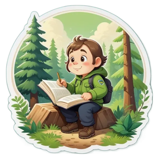 A children with a book drawing a picture of a forest.