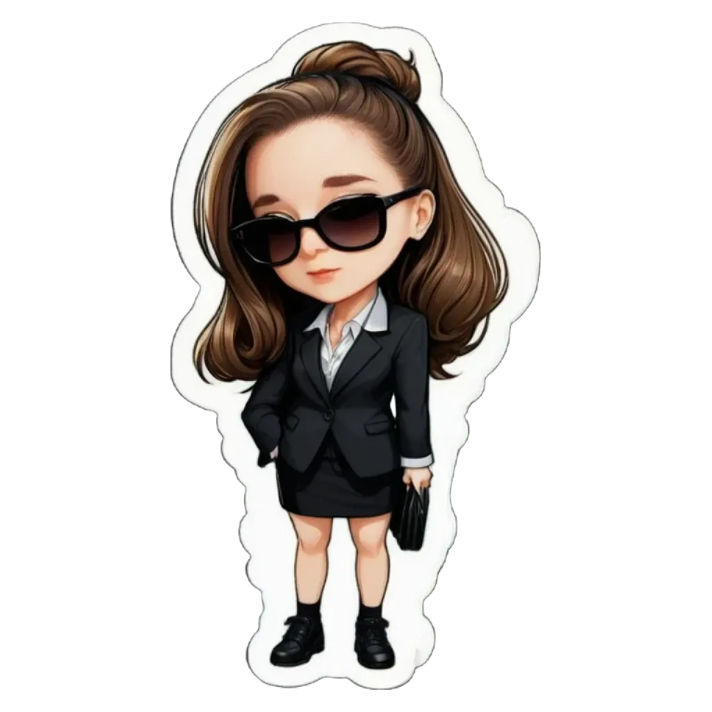 A girl is wearing a suit and sunglasses.