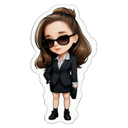 A girl is wearing a suit and sunglasses.