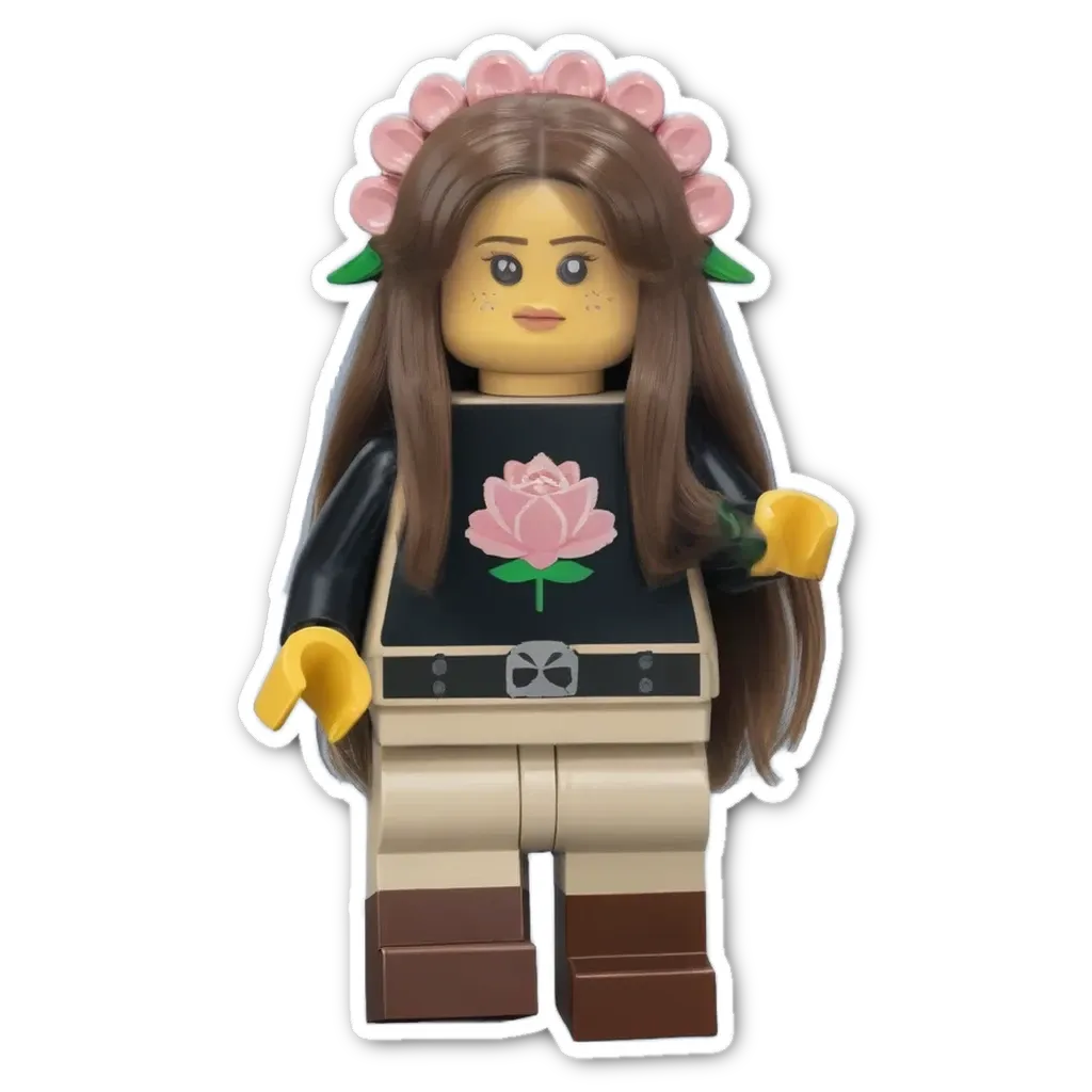 A small girl figure on a black background with a pink rose on her sweater.