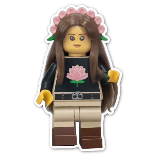 A small girl figure on a black background with a pink rose on her sweater.