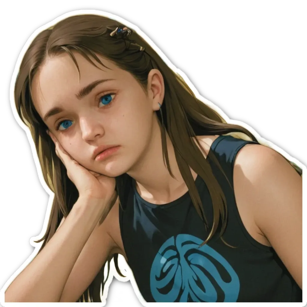 A girl with a sticker on her left shoulder.