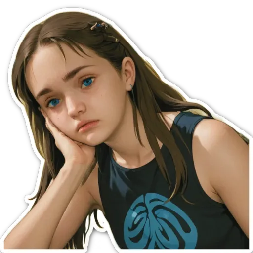 A girl with a sticker on her left shoulder.
