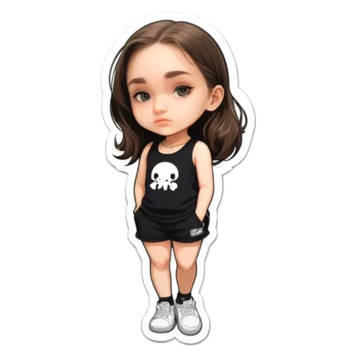 A girl with a skull on her shirt is standing with her hands in her pockets.