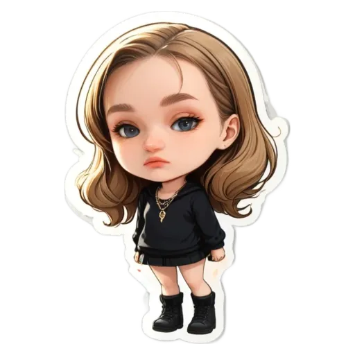 A girl with a black sweater and black boots.