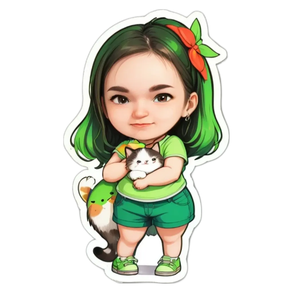 A greenish girl holding a cat and a stuffed animal.