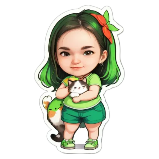 A greenish girl holding a cat and a stuffed animal.