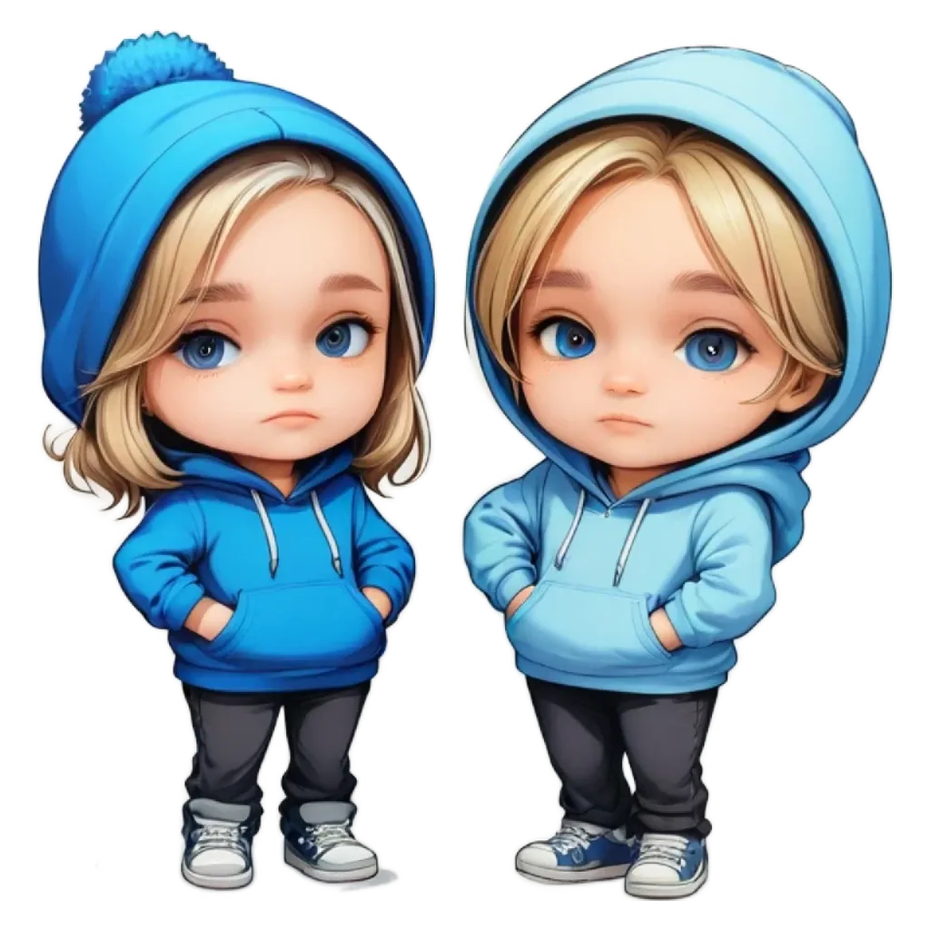 Two children wearing blue hoodies and standing next to each other.