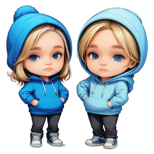 Two children wearing blue hoodies and standing next to each other.