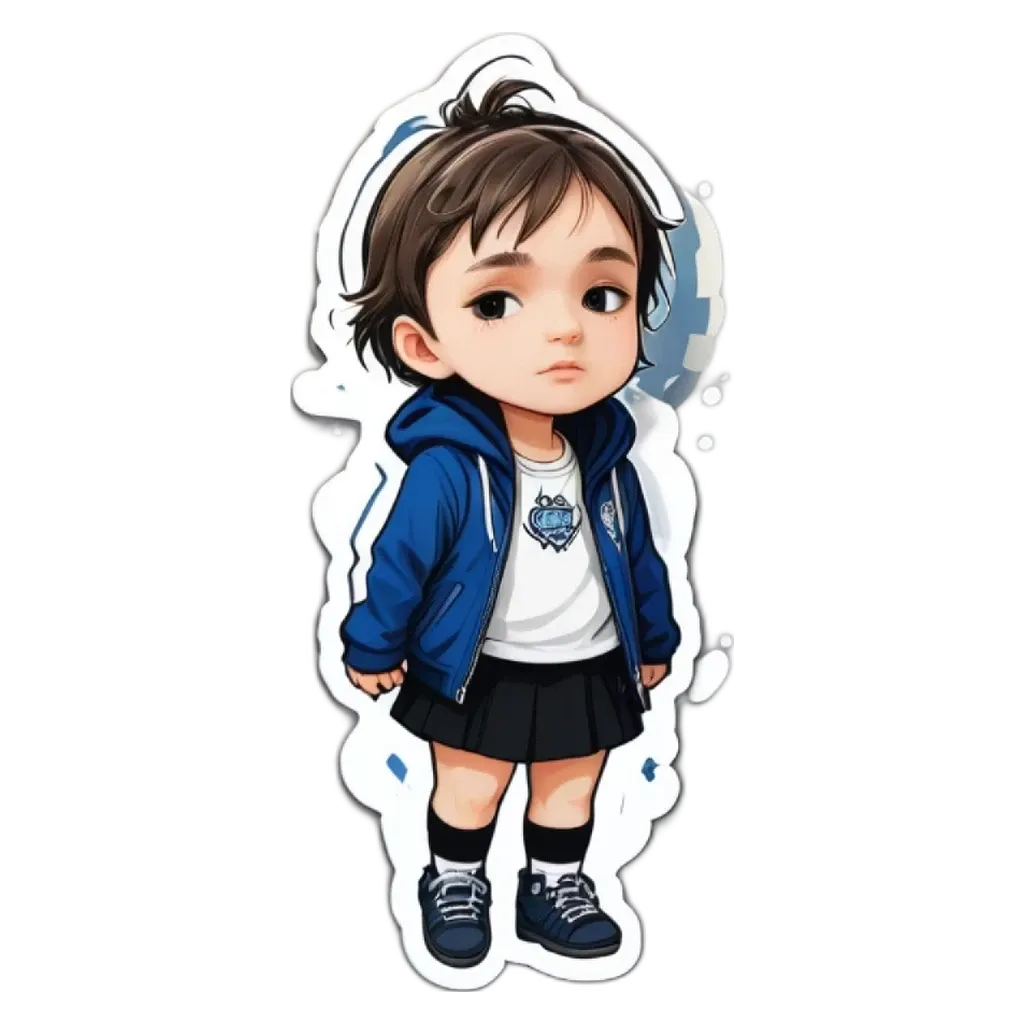 A girl with a blue jacket and black skirt who looks like she is crying.