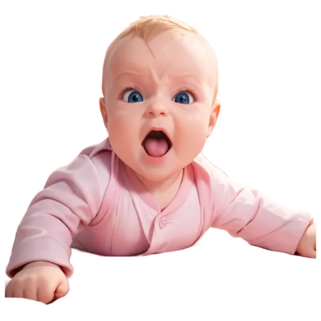 A sticker of a baby with wide open eyes and a mouth.